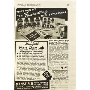 Mansfield Photo Research Laboratories "All in One Photo Chem Lab" Print Ad 1941